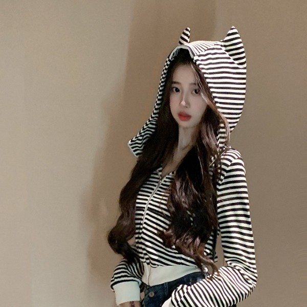 큐티 캣츠포인트 스트라이프 후드 집업