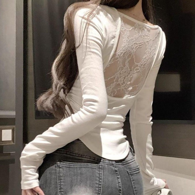 반전 어깨 패드 둥근 밑단 약기모 셔링 티셔츠 슬림핏 백레이스 여성용 긴팔티 페미닌룩