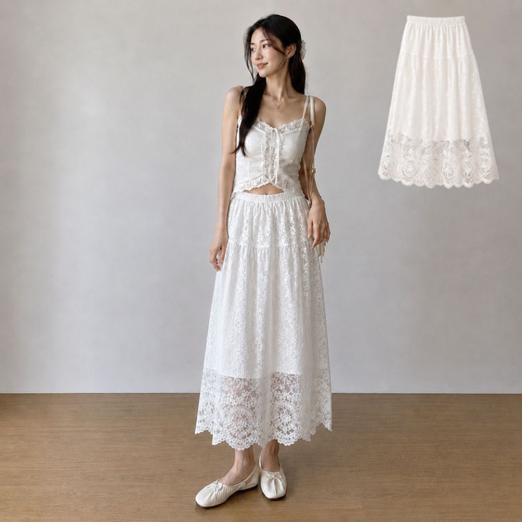 우아한 트렌디 여성 레이스 롱 스커트